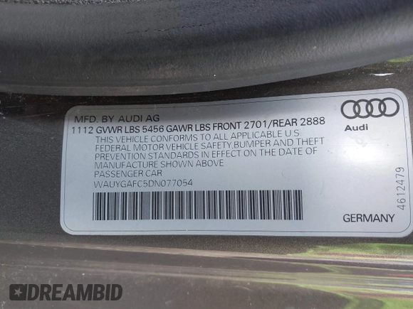 2013 Audi A7 3.0 Premium Plus with VIN WAUYGAFC5DN077054, listed as a IAAI auction lot 41298537 with 150,679 mi miles. Bid and sale history available at carsss.com. Image 9.
