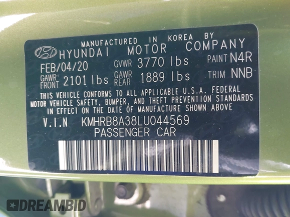 2020 Hyundai Venue SE with VIN KMHRB8A38LU044569, listed as a IAAI auction lot 42117572 with 45,562 mi miles and . Bid and sale history available at DreamBid. Image 9.