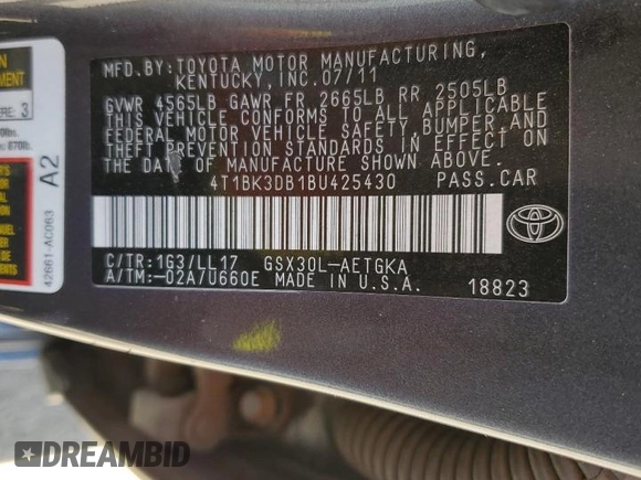 2011 Toyota Avalon with VIN 4T1BK3DB1BU425430, listed as a Copart auction lot 62591215 with 174,078 mi miles and Salvage title. Bid and sale history available at DreamBid. Image 13.