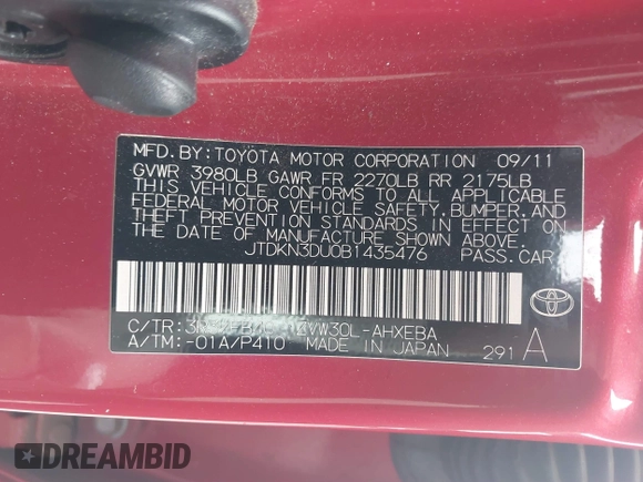 2011 Toyota Prius I with VIN JTDKN3DU0B1435476, listed as a IAAI auction lot 41723983 with 218,997 mi miles. Bid and sale history available at carsss.com. Image 9.