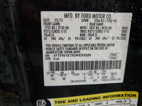 2013 Ford F-150 XL with VIN 1FTFW1ET5DKE93220, listed as a Copart auction lot 47143335 with 138,712 mi miles and Salvage Title. Bid and sale history available at carsss.com. Image 13.