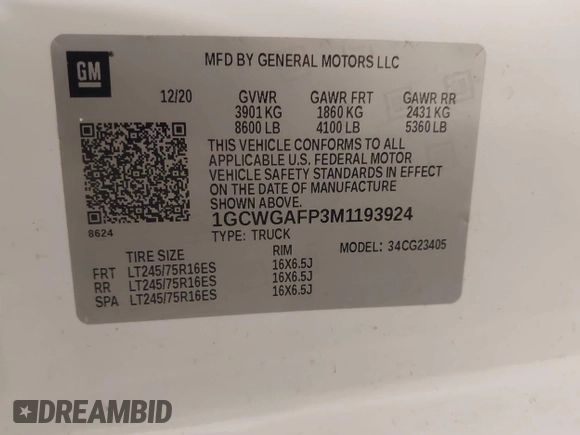 2021 Chevrolet Express Cargo with VIN 1GCWGAFP3M1193924, listed as a IAAI auction lot 41570565 with 70,337 mi miles and . Bid and sale history available at DreamBid. Image 9.