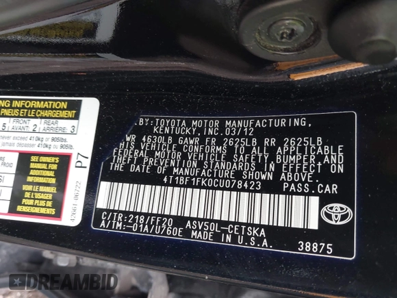 2012 Toyota Camry L with VIN 4T1BF1FK0CU078423, listed as a IAAI auction lot 42049768 with 999,999 mi miles. Bid and sale history available at carsss.com. Image 9.
