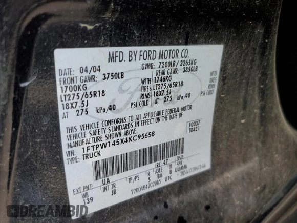 2004 Ford F-150 XLT with VIN 1FTPW145X4KC95658, listed as a Copart auction lot 71197604 with 219,018 mi miles and Salvage Title. Bid and sale history available at carsss.com. Image 12.