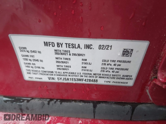 2021 Tesla Model S Long Range with VIN 5YJSA1E53MF428488, listed as a IAAI auction lot 42511017 with 68,482 mi miles and . Bid and sale history available at DreamBid. Image 9.