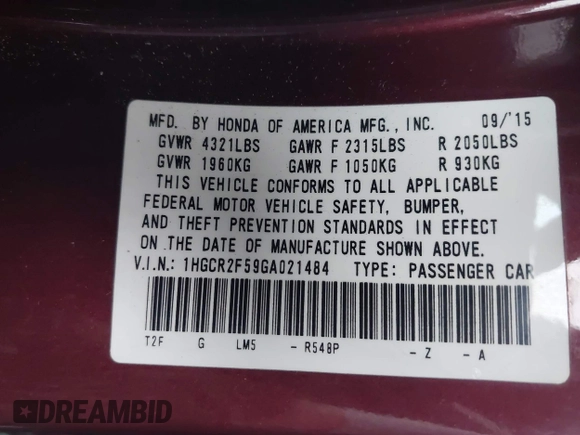 2016 Honda Accord Sport z VIN 1HGCR2F59GA021484, wystawiony jako IAAI lot #42422150 z przebiegiem 103 298 mil mil oraz . Historia ofert i sprzedaży dostępna na DreamBid. Obrazek 9.