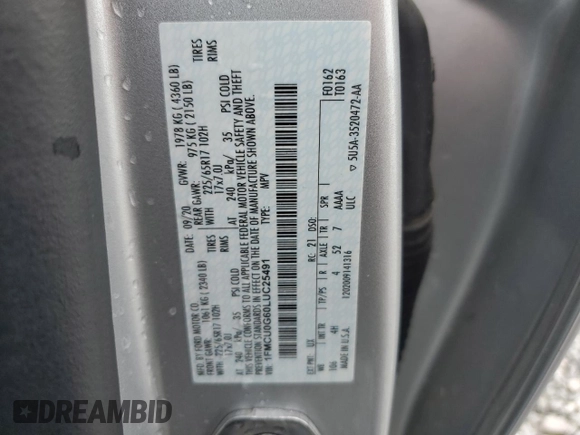 2020 Ford Escape SE z VIN 1FMCU0G60LUC25491, wystawiony jako Copart lot #57728075 z przebiegiem 61 006 mil mil oraz Szkoda całkowita • Salvage title. Historia ofert i sprzedaży dostępna na DreamBid. Obrazek 13.