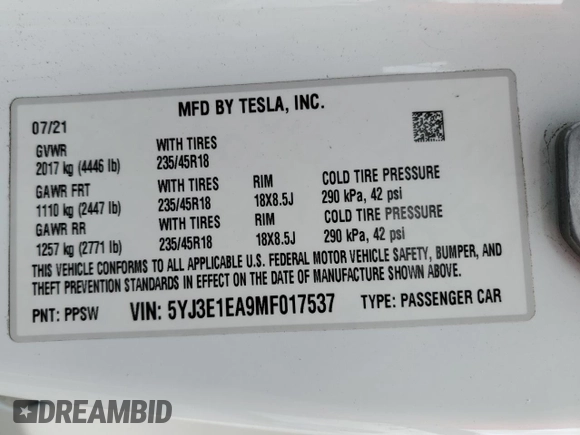 2021 Tesla Model 3 Standard Range Plus z VIN 5YJ3E1EA9MF017537, wystawiony jako Copart lot #55421165 z przebiegiem 40 681 mil mil oraz Szkoda całkowita • Salvage title. Historia ofert i sprzedaży dostępna na DreamBid. Obrazek 12.