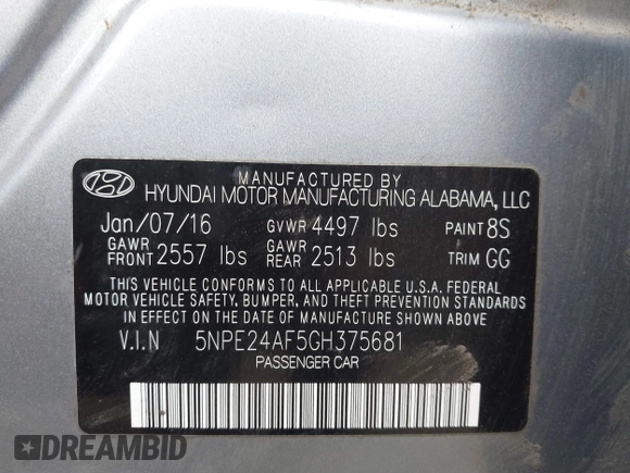 2016 Hyundai Sonata SE with VIN 5NPE24AF5GH375681, listed as a IAAI auction lot 42047034 with 137,256 mi miles and . Bid and sale history available at carsss.com. Image 9.