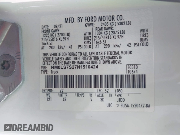 2022 Ford Transit Connect XL with VIN NM0LS7S27N1510424, listed as a IAAI auction lot 42343703 with 149,355 mi miles and . Bid and sale history available at DreamBid. Image 9.