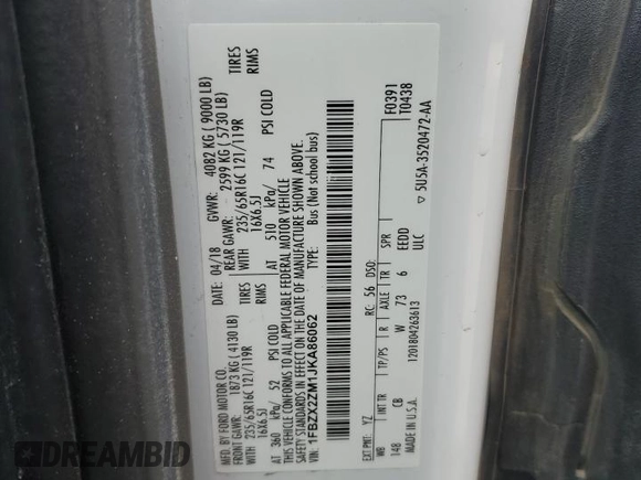 2018 Ford Transit Passenger XL with VIN 1FBZX2ZM1JKA86062, listed as a Copart auction lot 52635295 with 85,346 mi miles and Salvage title. Bid and sale history available at DreamBid. Image 13.