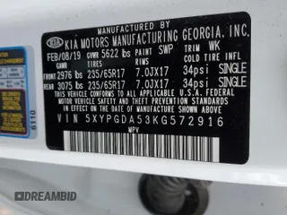 2019 Kia Sorento LX V6 with VIN 5XYPGDA53KG572916, listed as a Copart auction lot 46332115 with 93,941 mi miles and Salvage Title. Bid and sale history available at carsss.com. Image 14.