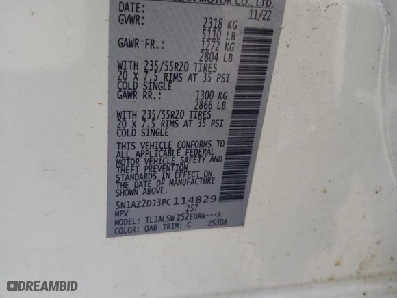 2023 Nissan Murano Platinum with VIN 5N1AZ2DJ3PC114829, listed as a Copart auction lot 51011075 with 60,729 mi miles and Salvage Title. Bid and sale history available at carsss.com. Image 14.