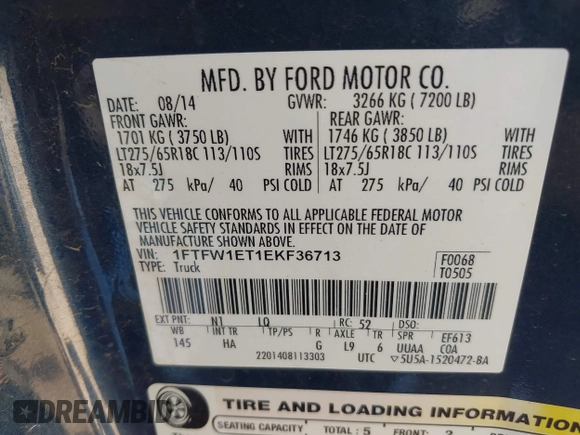 2014 Ford F-150 XL with VIN 1FTFW1ET1EKF36713, listed as a IAAI auction lot 42074178 with 189,451 mi miles. Bid and sale history available at carsss.com. Image 9.