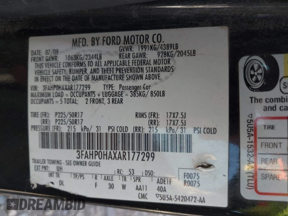 2010 Ford Fusion SE with VIN 3FAHP0HAXAR177299, listed as a IAAI auction lot 41859357 with 198,800 mi miles. Bid and sale history available at carsss.com. Image 9.