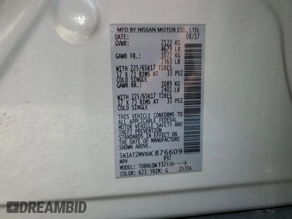 2017 Nissan Rogue SV with VIN 5N1AT2MVXHC876609, listed as a Copart auction lot 62271525 with 42,707 mi miles and Salvage title. Bid and sale history available at DreamBid. Image 13.