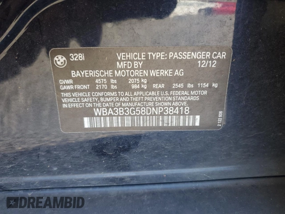 2013 BMW 3 Series 328i xDrive with VIN WBA3B3G58DNP38418, listed as a Copart auction lot 48253075 with 123,768 mi miles and Salvage title. Bid and sale history available at DreamBid. Image 14.