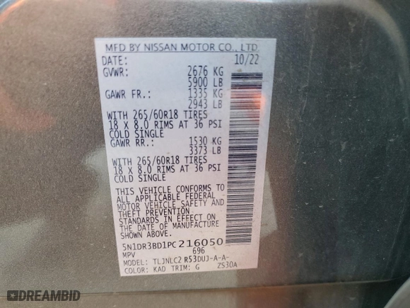 2023 Nissan Pathfinder Rock Creek with VIN 5N1DR3BD1PC216050, listed as a Copart auction lot 45859405 with 42588 miles and Salvage Title. Bid and sale history available at carsss.com. Image 14.