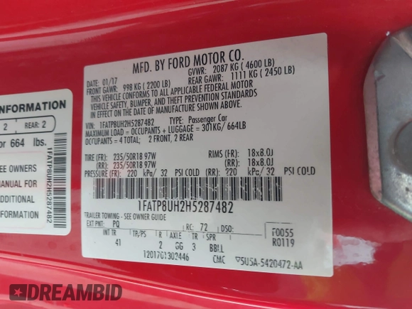 2017 Ford Mustang EcoBoost Premium with VIN 1FATP8UH2H5287482, listed as a IAAI auction lot 42183932 with 111,758 mi miles and . Bid and sale history available at DreamBid. Image 9.
