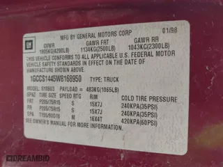 1998 Chevrolet S-10 LS with VIN 1GCCS1445W8168950, listed as a IAAI auction lot 41765254 with 210,751 mi miles. Bid and sale history available at carsss.com. Image 9.