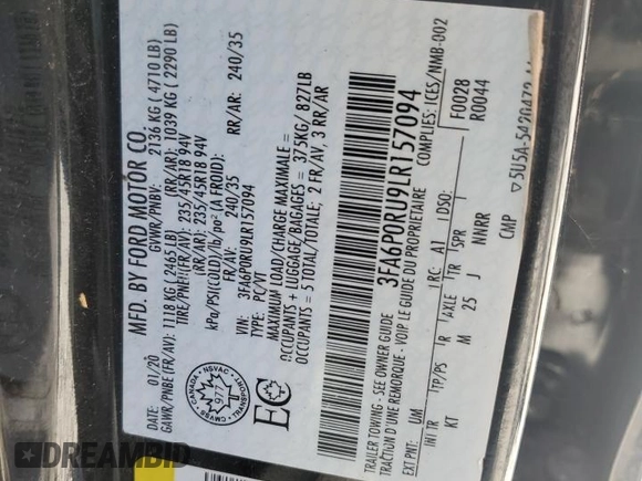 2020 Ford Fusion Titanium with VIN 3FA6P0RU9LR157094, listed as a Copart auction lot 56169455 with Not provided miles and Clean title. Bid and sale history available at DreamBid. Image 12.