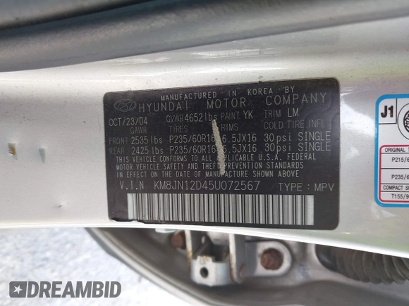2005 Hyundai Tucson GLS with VIN KM8JN12D45U072567, listed as a IAAI auction lot 42002128 with 121,839 mi miles. Bid and sale history available at carsss.com. Image 9.