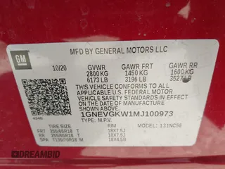 2021 Chevrolet Traverse LT Cloth with VIN 1GNEVGKW1MJ100973, listed as a IAAI auction lot 41477074 with 56,167 mi miles. Bid and sale history available at carsss.com. Image 9.