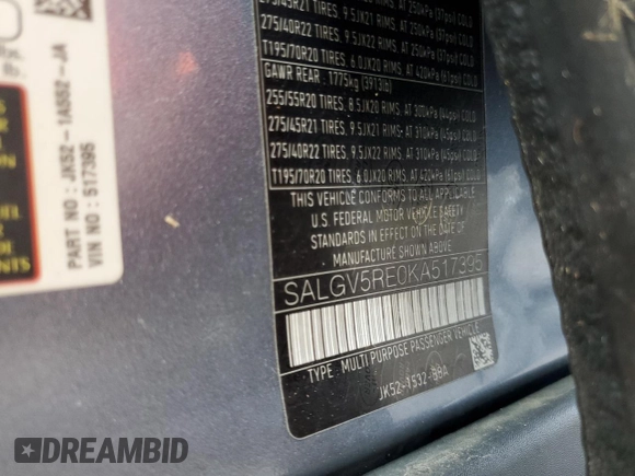 2019 Land Rover Range Rover z VIN SALGV5RE0KA517395, wystawiony jako Copart lot #76629494 z przebiegiem Nie podano mil oraz Nie do naprawy • Non repairable. Historia ofert i sprzedaży dostępna na DreamBid. Obrazek 14.