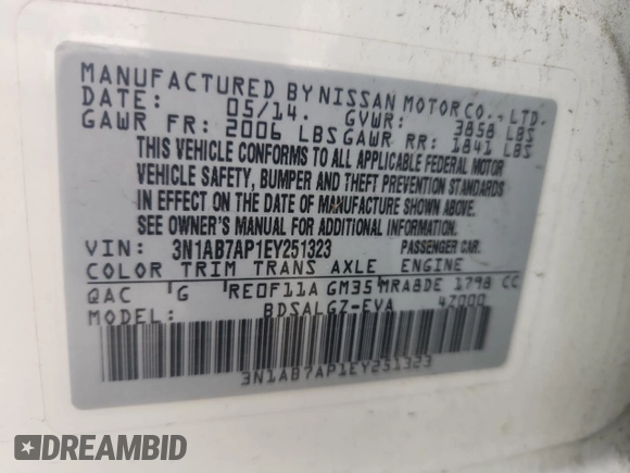 2014 Nissan Sentra SV with VIN 3N1AB7AP1EY251323, listed as a Copart auction lot 62340065 with 179,699 mi miles and Clean title. Bid and sale history available at DreamBid. Image 12.