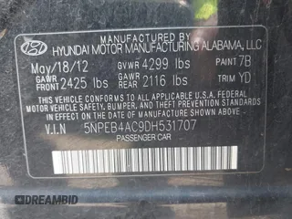 2013 Hyundai Sonata GLS z VIN 5NPEB4AC9DH531707, wystawiony jako IAAI lot #42483354 z przebiegiem 226 978 mil mil oraz . Historia ofert i sprzedaży dostępna na DreamBid. Obrazek 9.