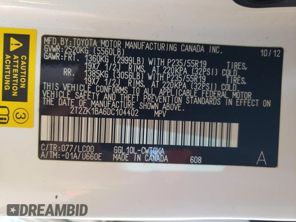 2013 Lexus RX 350 with VIN 2T2ZK1BA6DC104402, listed as a Copart auction lot 49395715 with 152,611 mi miles and Salvage Title. Bid and sale history available at DreamBid. Image 15.