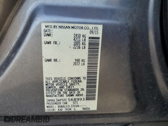 2015 Nissan Altima S with VIN 1N4AL3AP5FC568993, listed as a Copart auction lot 52217885 with Not Provided miles and Salvage Title. Bid and sale history available at DreamBid. Image 14.