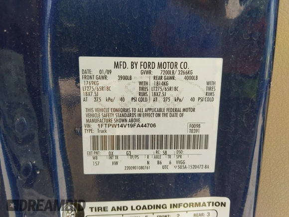 2009 Ford F-150 XL с VIN 1FTPW14V19FA44706, выставлен на аукционе IAAI как лот 42530002 с пробегом 208 419 миль миль и . История ставок и продаж доступна на DreamBid. Изображение 9.