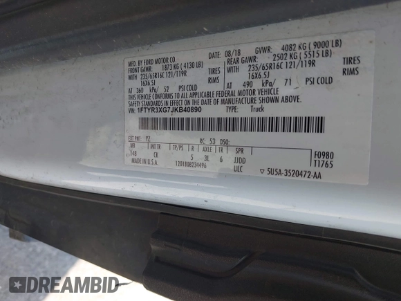 2018 Ford Transit с VIN 1FTYR3XG7JKB40890, выставлен на аукционе IAAI как лот 42448523 с пробегом 92 683 миль миль и . История ставок и продаж доступна на DreamBid. Изображение 9.