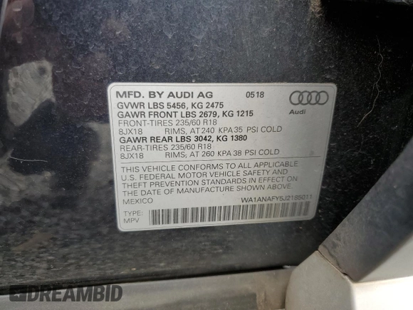 2018 Audi Q5 Premium with VIN WA1ANAFY5J2185011, listed as a Copart auction lot 78915114 with Not Provided miles and Salvage Title. Bid and sale history available at DreamBid. Image 13.