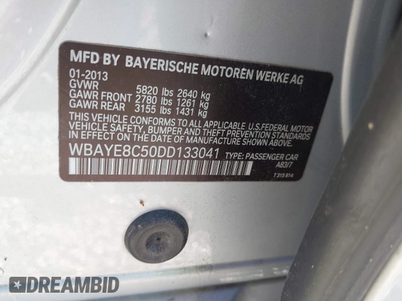 2013 BMW 7 Series 750Li with VIN WBAYE8C50DD133041, listed as a IAAI auction lot 42280002 with Not provided miles and . Bid and sale history available at DreamBid. Image 9.
