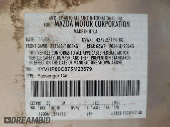 2007 Mazda 6 i Sport VE with VIN 1YVHP80C875M23679, listed as a Copart auction lot 54452305 with 127,216 mi miles and Clean Title. Bid and sale history available at carsss.com. Image 12.