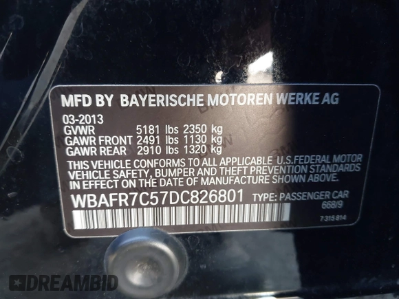 2013 BMW 5 Series 535i with VIN WBAFR7C57DC826801, listed as a IAAI auction lot 41979778 with 182,517 mi miles and . Bid and sale history available at DreamBid. Image 9.