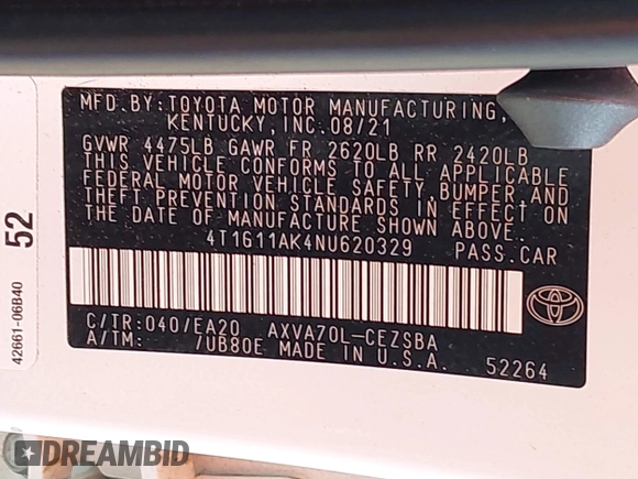 2022 Toyota Camry SE with VIN 4T1G11AK4NU620329, listed as a IAAI auction lot 41582065 with 50,000 mi miles and . Bid and sale history available at carsss.com. Image 9.