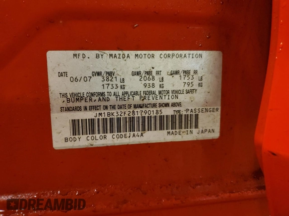 2008 Mazda 3 i Sport with VIN JM1BK32F281790185, listed as a Copart auction lot 45004935 with 147,659 mi miles and Salvage Title. Bid and sale history available at DreamBid. Image 12.