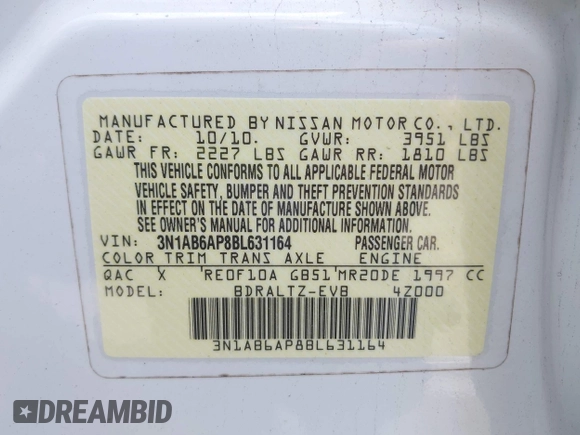2011 Nissan Sentra S with VIN 3N1AB6AP8BL631164, listed as a IAAI auction lot 42650002 with 191,125 mi miles and . Bid and sale history available at DreamBid. Image 9.