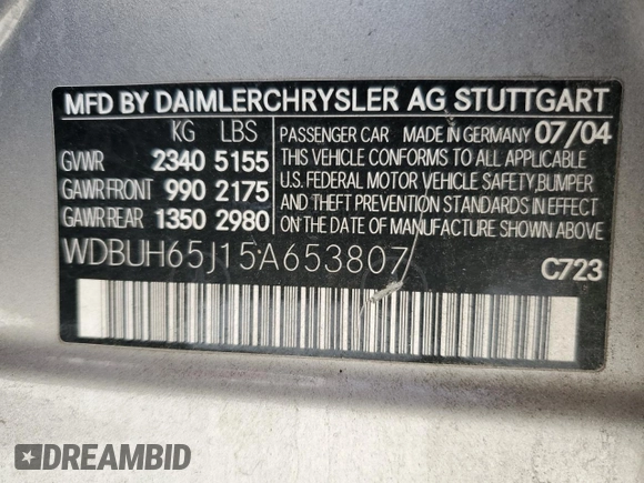 2005 Mercedes-Benz E 320 with VIN WDBUH65J15A653807, listed as a Copart auction lot 49731935 with 206,809 mi miles and Salvage Title. Bid and sale history available at DreamBid. Image 12.