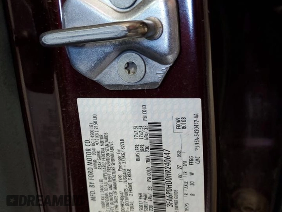 2017 Ford Fusion SE with VIN 3FA6P0HD0HR240647, listed as a Copart auction lot 50839715 with 118,609 mi miles and Salvage title. Bid and sale history available at DreamBid. Image 14.
