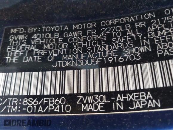 2015 Toyota Prius Four with VIN JTDKN3DU5F1916703, listed as a IAAI auction lot 41370082 with 73,407 mi miles. Bid and sale history available at carsss.com. Image 9.