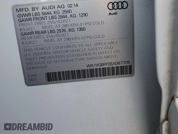 2014 Audi SQ5 with VIN WA1VGBFP2EA087705, listed as a Copart auction lot 74554954 with 178,521 mi miles and Clean Title. Bid and sale history available at DreamBid. Image 14.
