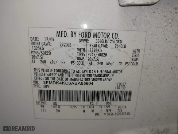 2010 Ford Edge Limited with VIN 2FMDK4KC6ABA65604, listed as a IAAI auction lot 41924025 with 165,726 mi miles. Bid and sale history available at carsss.com. Image 9.