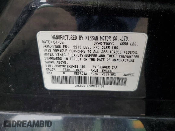 2008 Infiniti G35 with VIN JNKBV61EX8M221101, listed as a Copart auction lot 66737184 with Not Provided miles and Salvage Title. Bid and sale history available at DreamBid. Image 12.