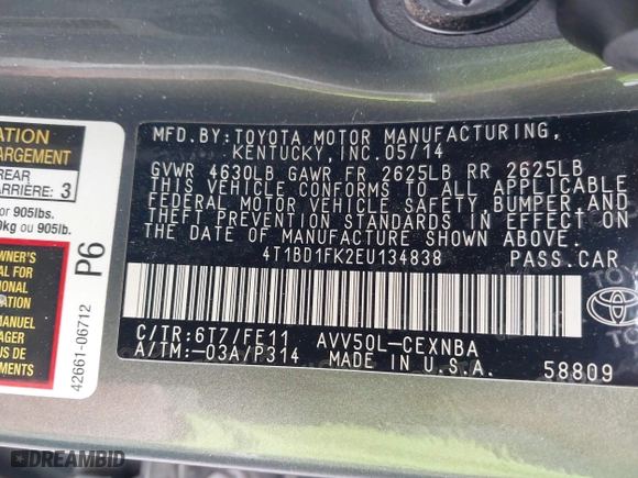 2014 Toyota Camry Hybrid LE with VIN 4T1BD1FK2EU134838, listed as a IAAI auction lot 41912000 with 132,000 mi miles. Bid and sale history available at carsss.com. Image 9.