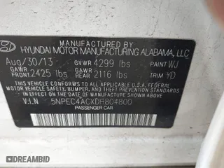 2013 Hyundai Sonata SE with VIN 5NPEC4ACXDH804800, listed as a IAAI auction lot 41794683 with 173,804 mi miles. Bid and sale history available at carsss.com. Image 9.