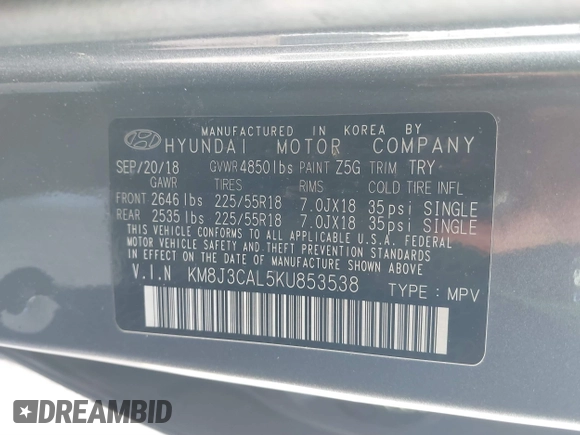 2019 Hyundai Tucson Ultimate with VIN KM8J3CAL5KU853538, listed as a IAAI auction lot 41752809 with 136,348 mi miles. Bid and sale history available at carsss.com. Image 9.